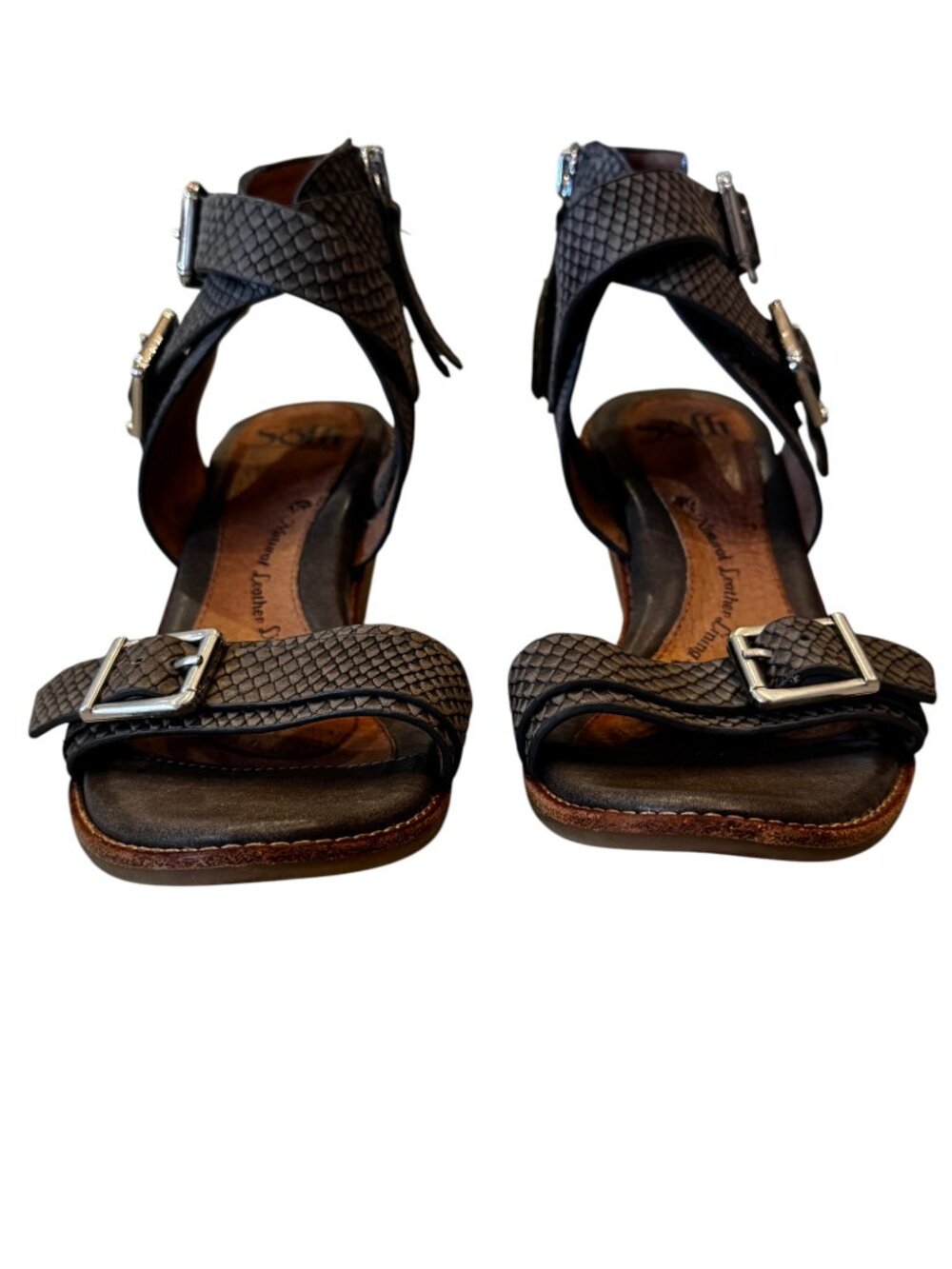 Söfft Gray Croc Embossed Leather Buckle Strap Block Heel Sandals Size 8 - Picture 5 of 12